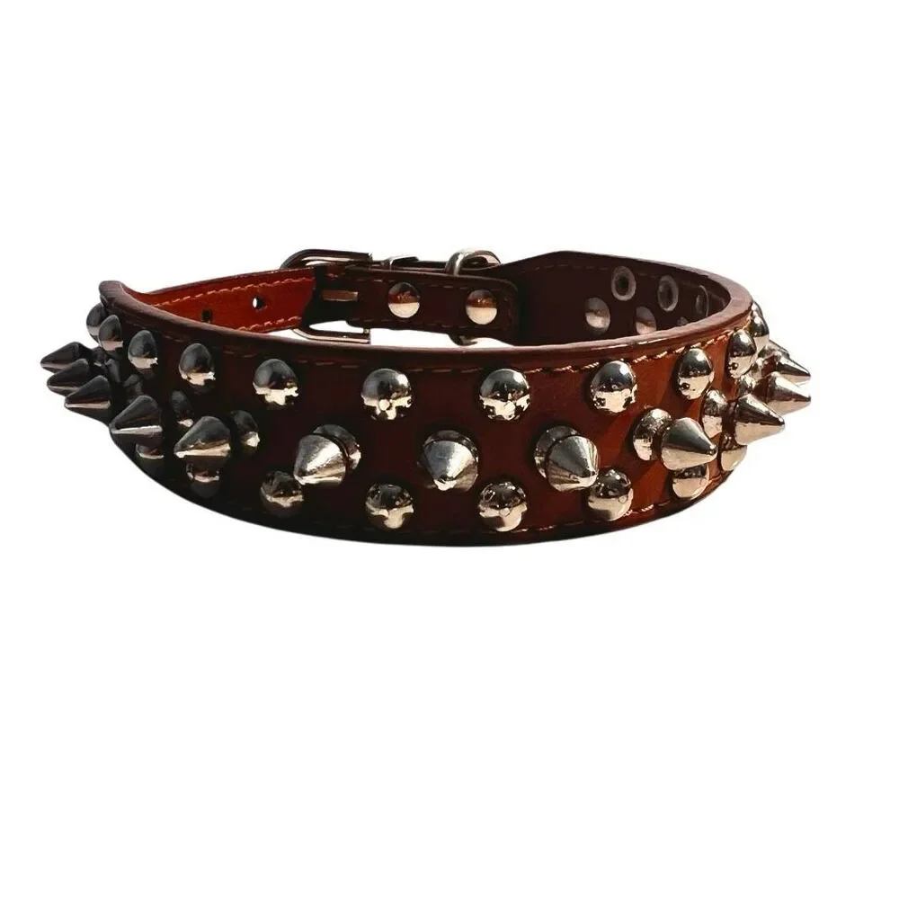 Triple Threat Light Brown Leather Silver Metal Spiked Studded Dog Collar